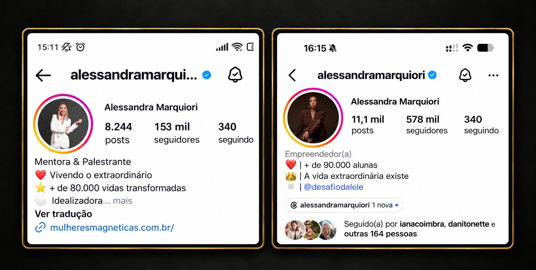 Print do perfil de Alessandra Marquiori antes e depois