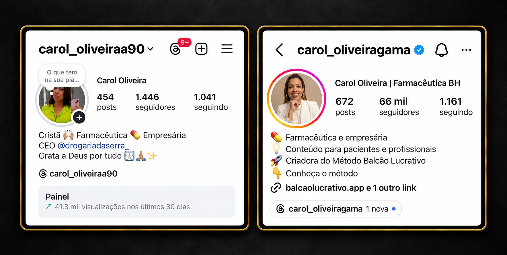 Print do perfil de Ana Carolina antes e depois