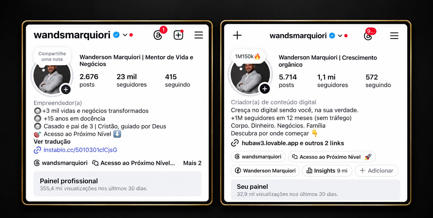 Print do perfil de Wanderson Marquiori antes e depois